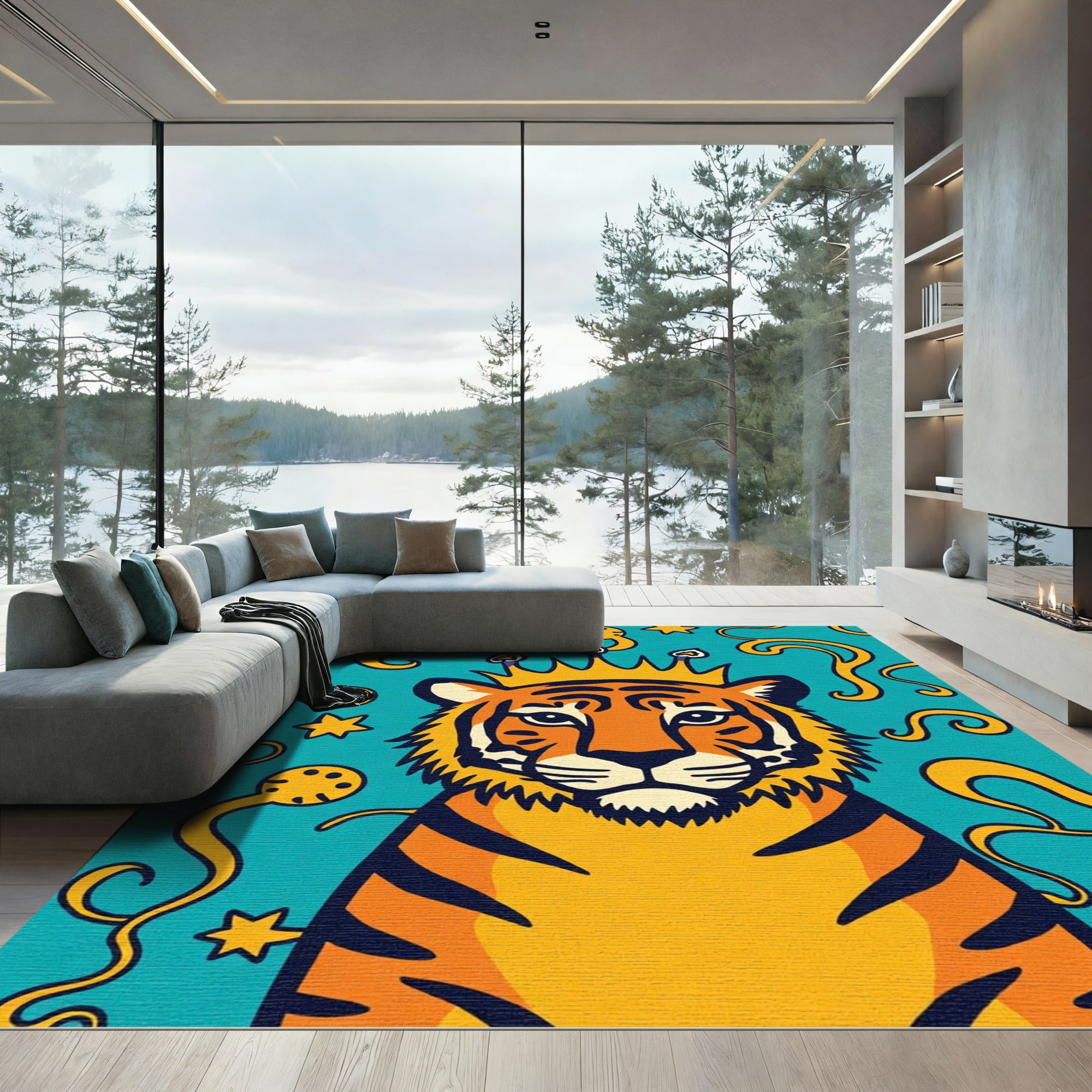 Regal Tiger Crowned Turquoise Swirls Rug