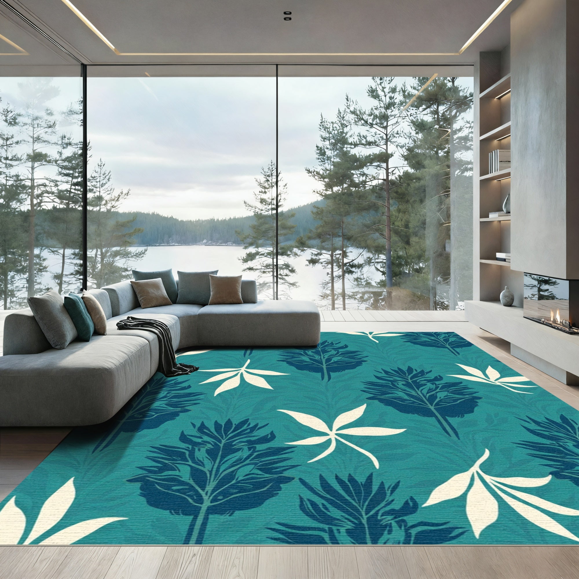 Teal Navy Botanical Foliage Composition Rug