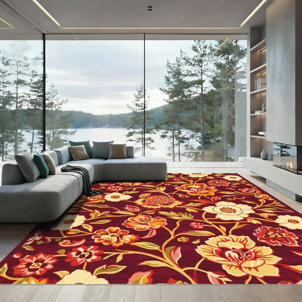Burgundy Floral Scroll Meadow Rug