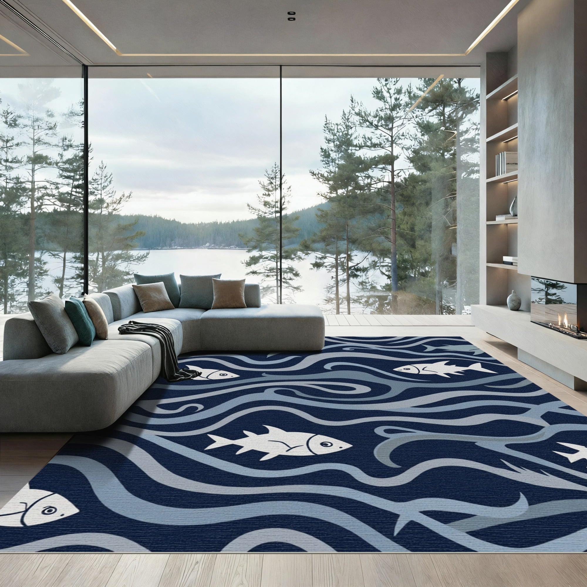 Deep Blue Oceanic Fish Swirls Rug