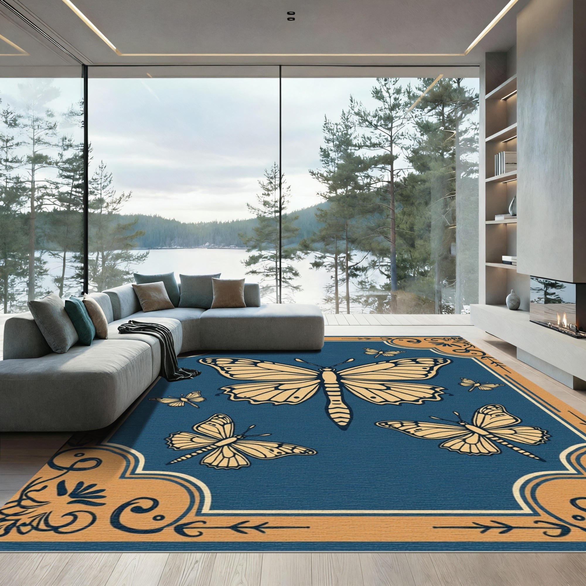 Golden Butterflies on Deep Blue Background Rug