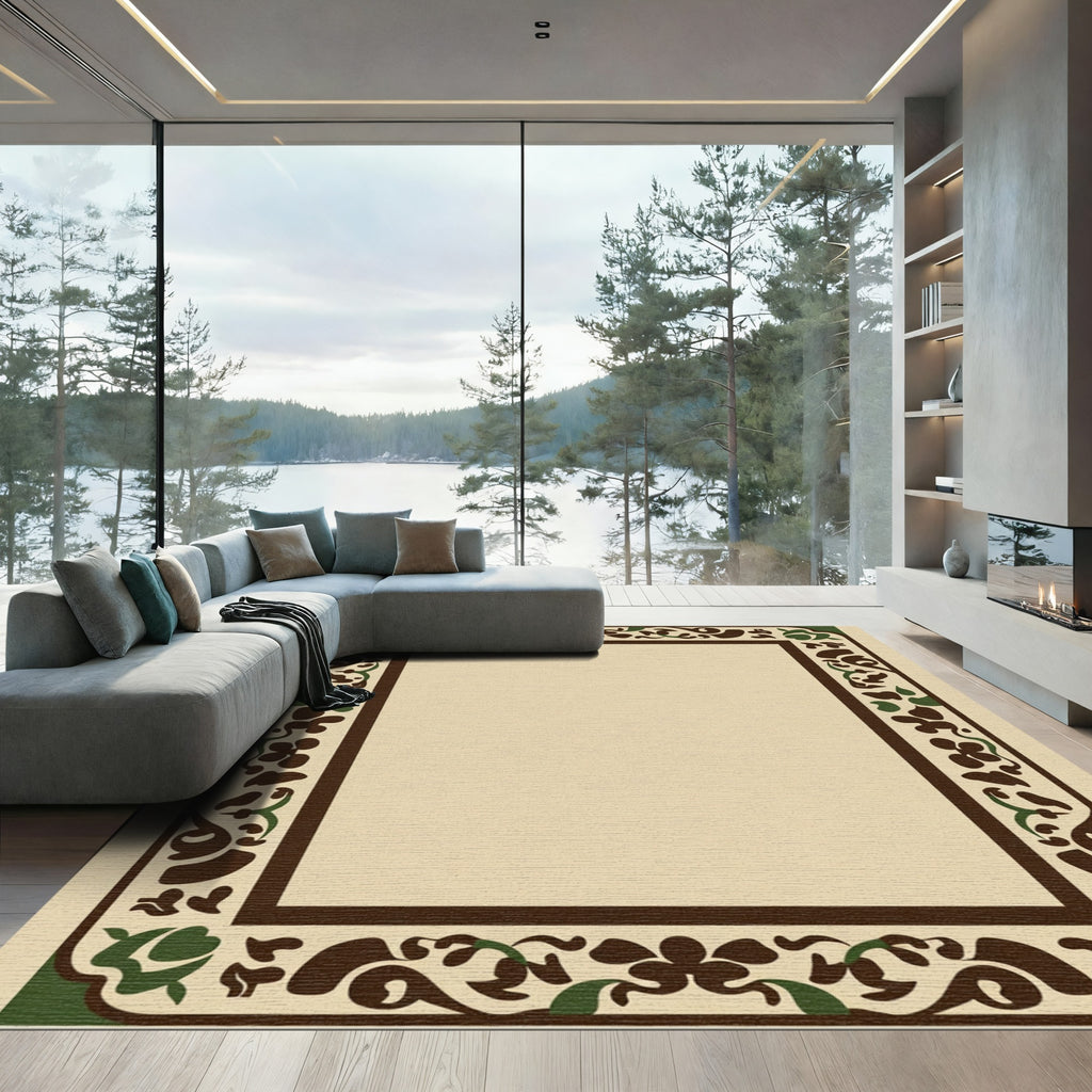 Brown Forest Floral Border Rug