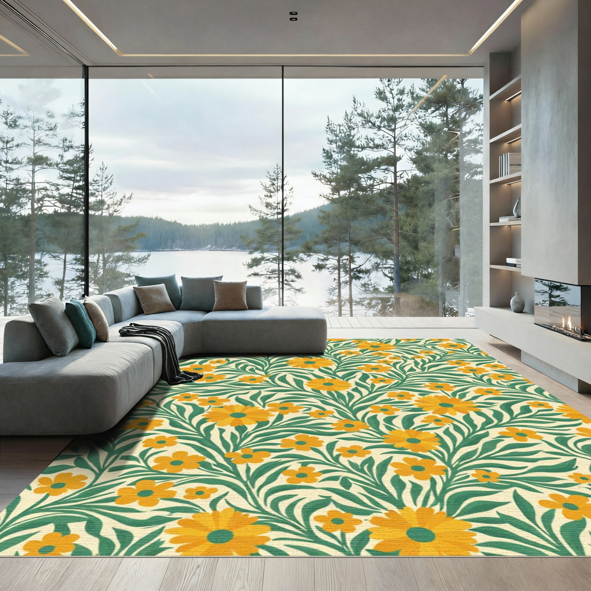 Golden Yellow Floral Vine Composition Rug