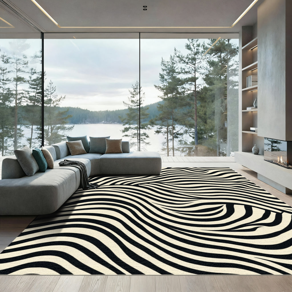 Natural Black Cream Swirl Stripes Rug