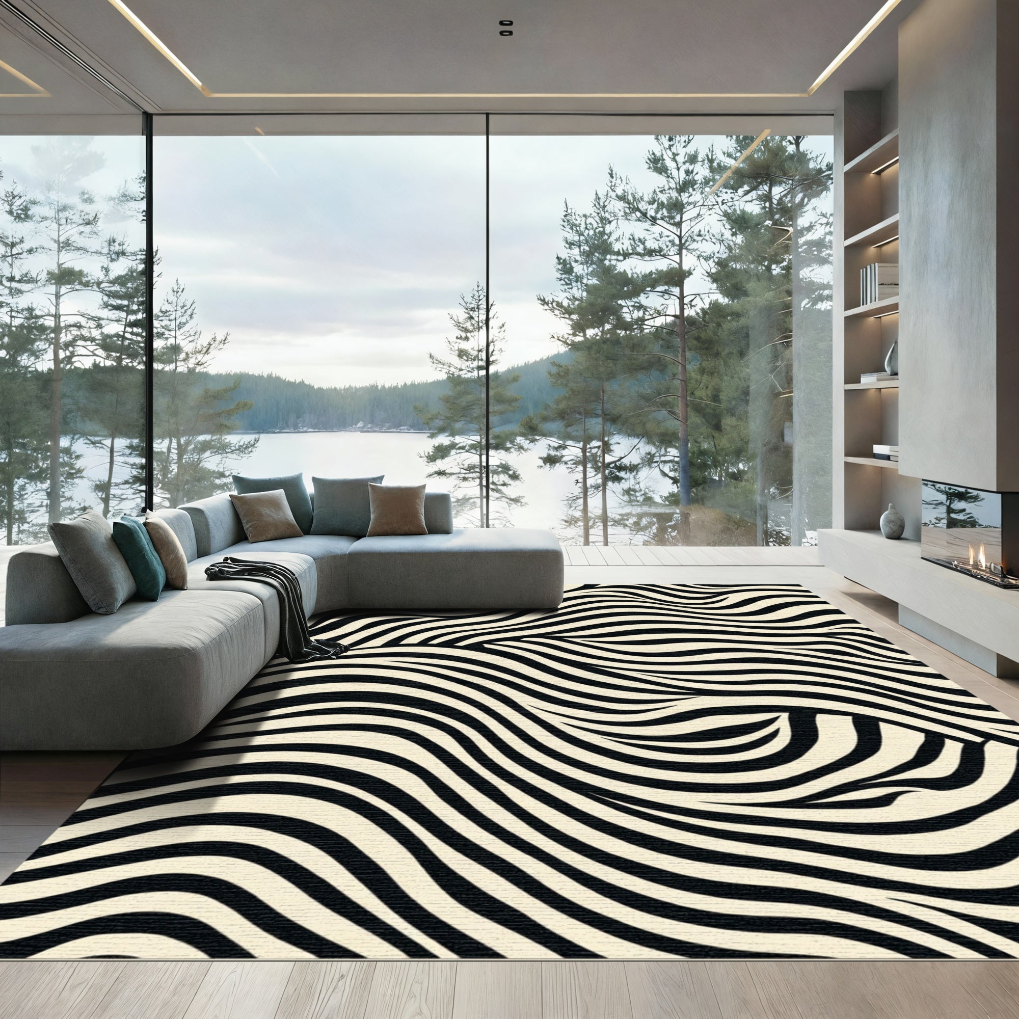 Natural Black Cream Swirl Stripes Rug