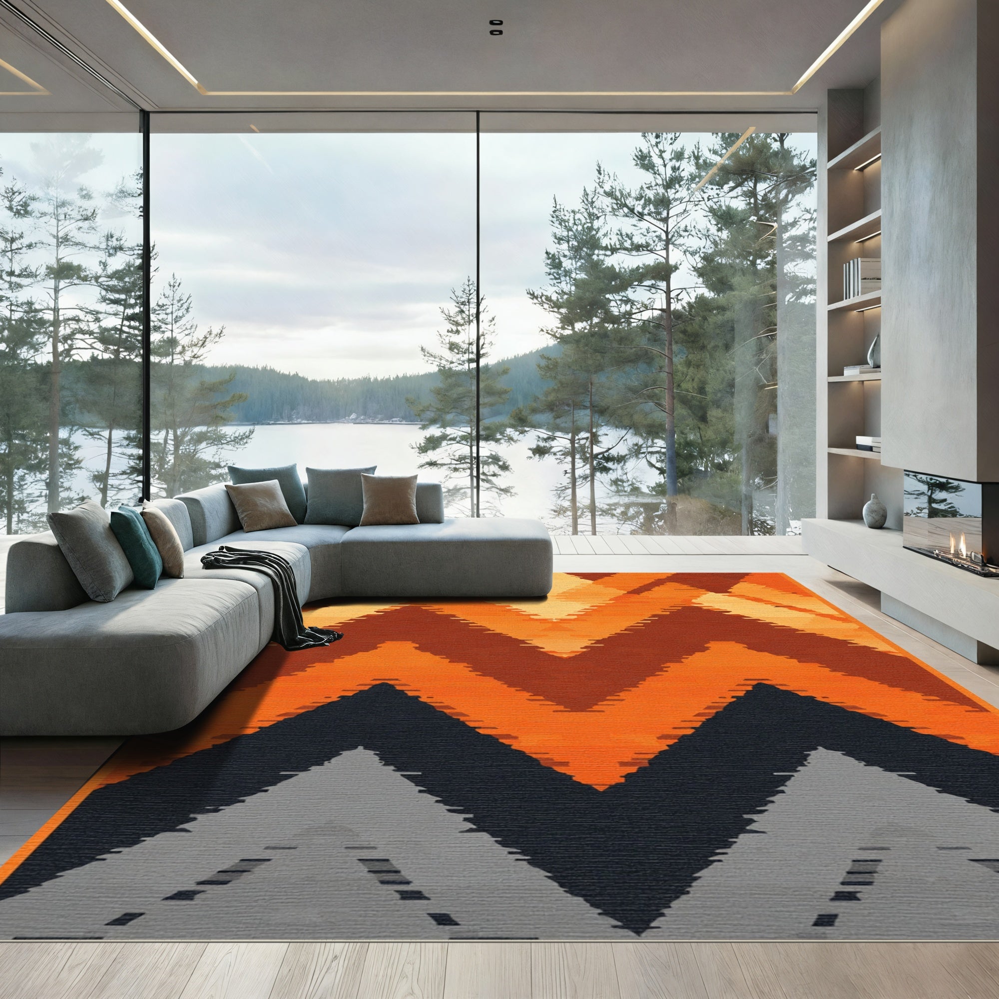 Deep Orange Geometric Chevron Rug