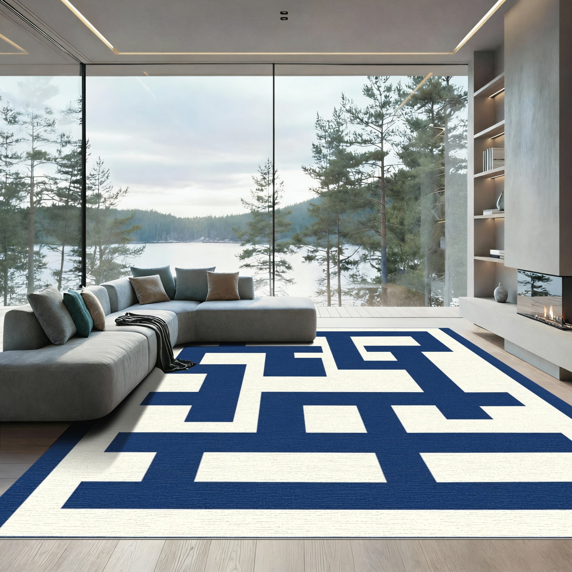 Bold Navy Geometric Maze Rug