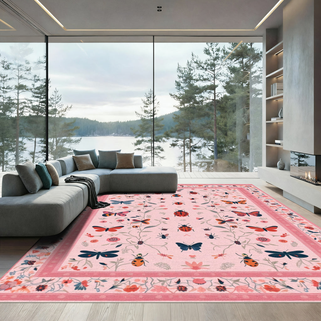 Pink Romantic Garden Butterfly Ladybug Rug