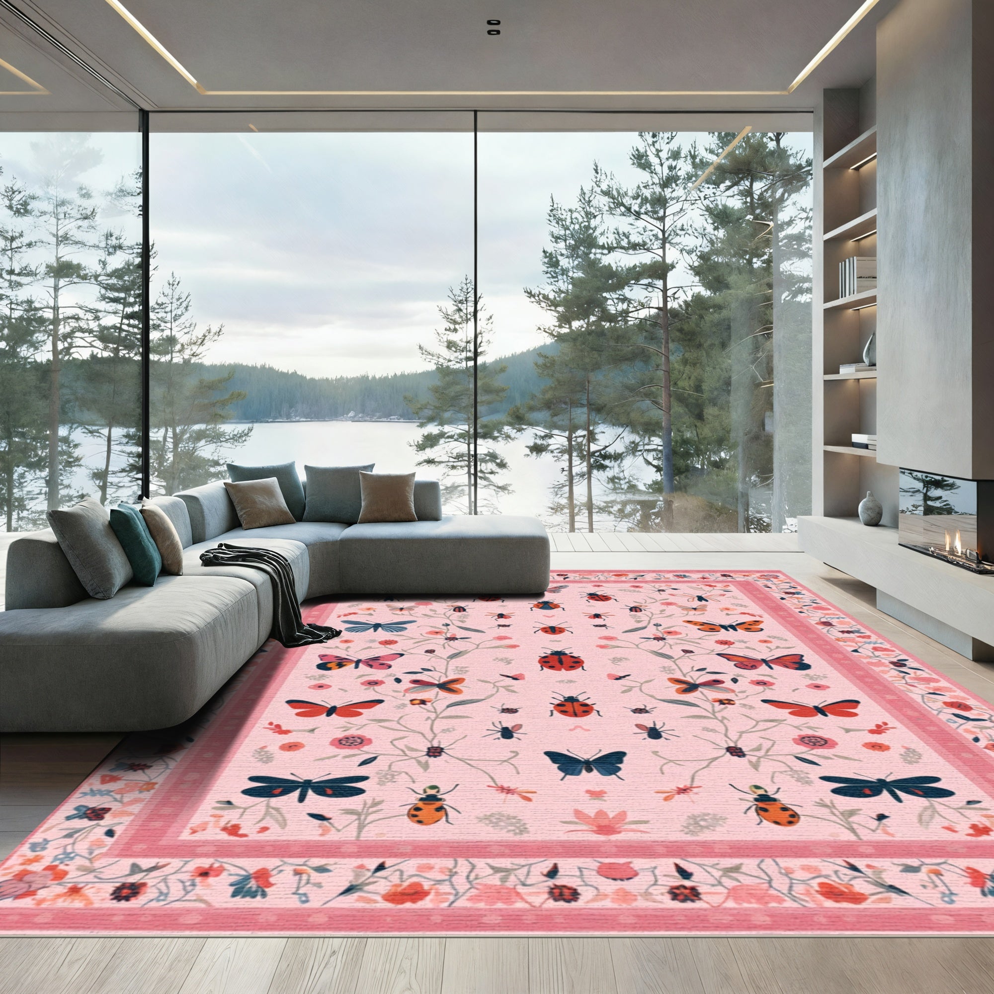 Pink Romantic Garden Butterfly Ladybug Rug