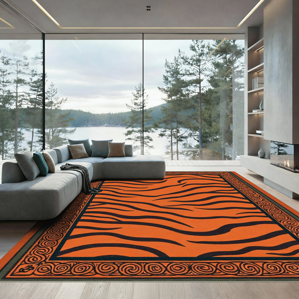 Vibrant Orange Black Tiger Stripe Border Rug