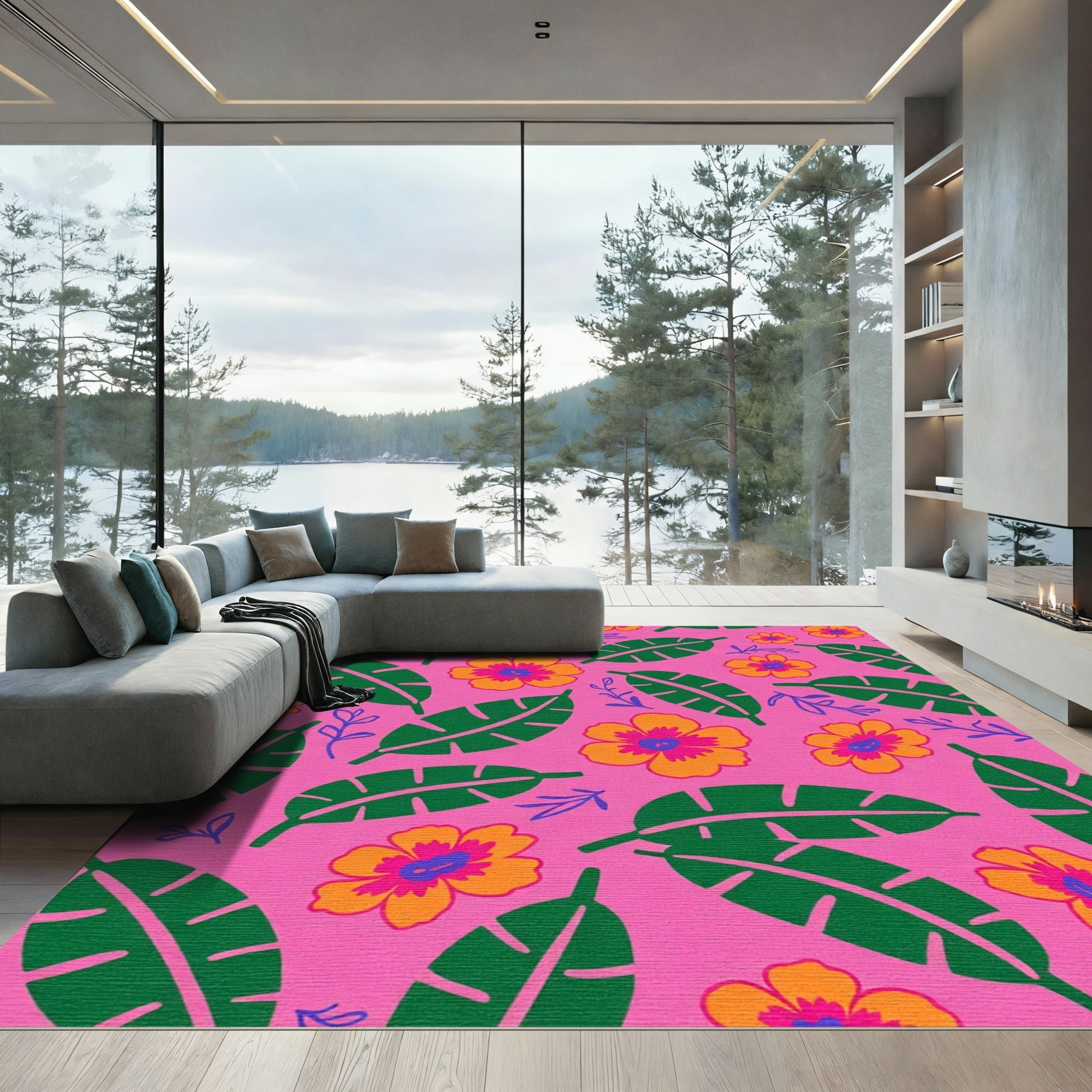 Vibrant Tropical Floral Leaf Collage Rug