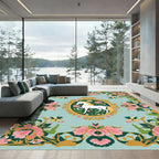 Whimsical Unicorn Floral Oval Motif Rug