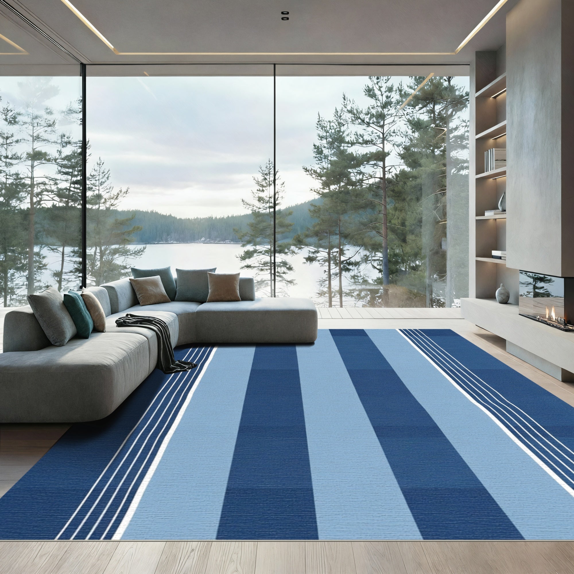 Deep Blue Multi-Stripe Hand-Drawn Rug