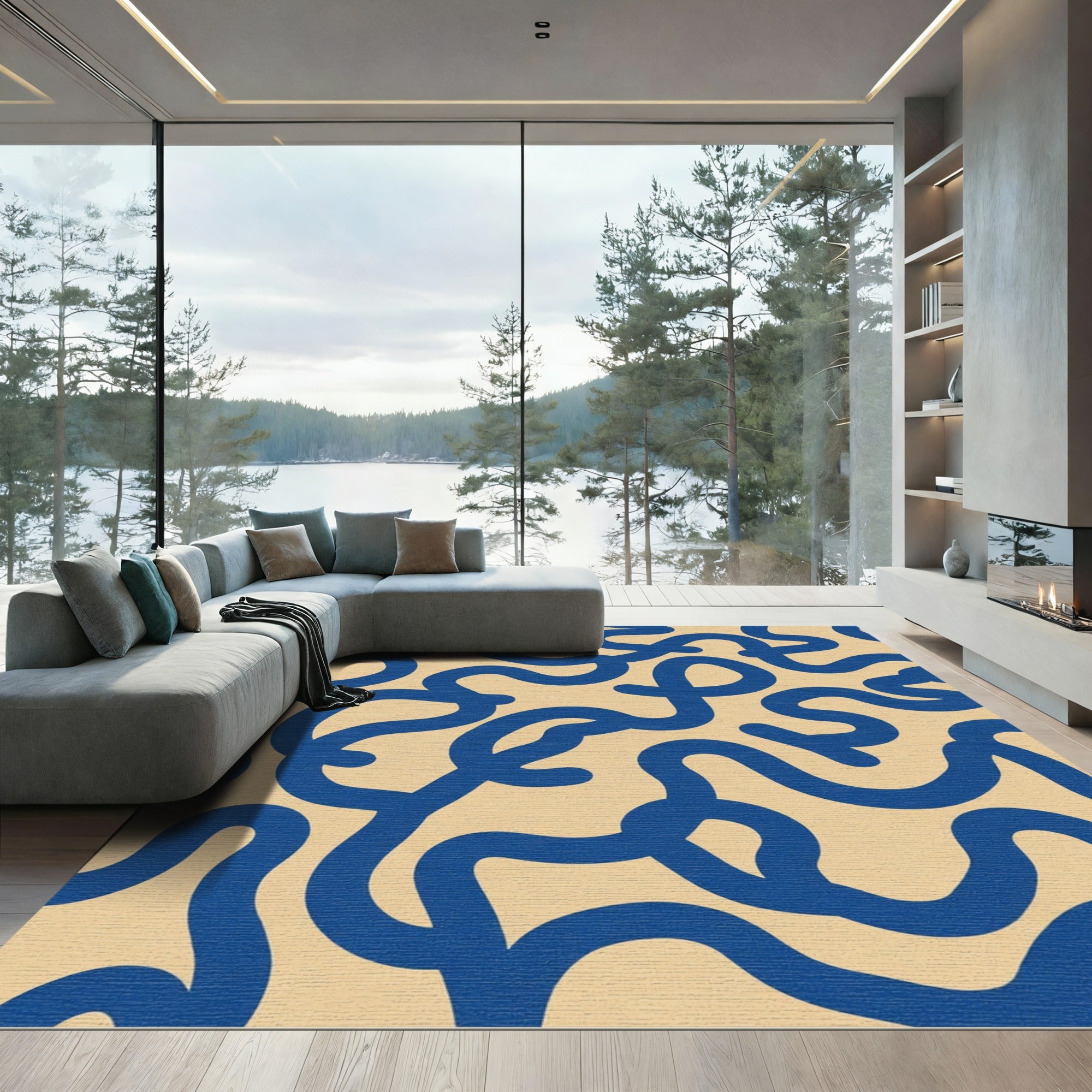 Navy Blue Abstract Continuous Line Rug
