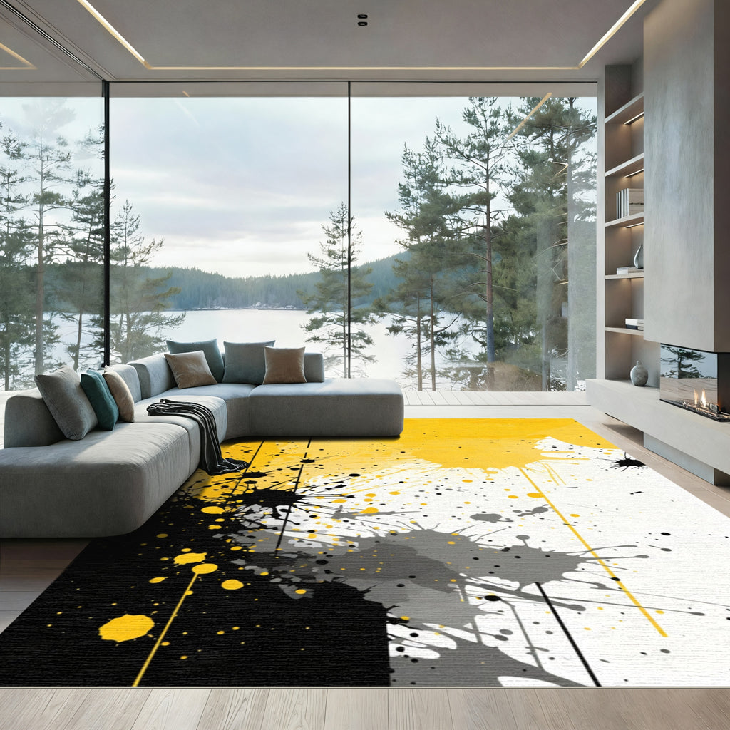 Yellow Black Splatter Abstract Paint Rug