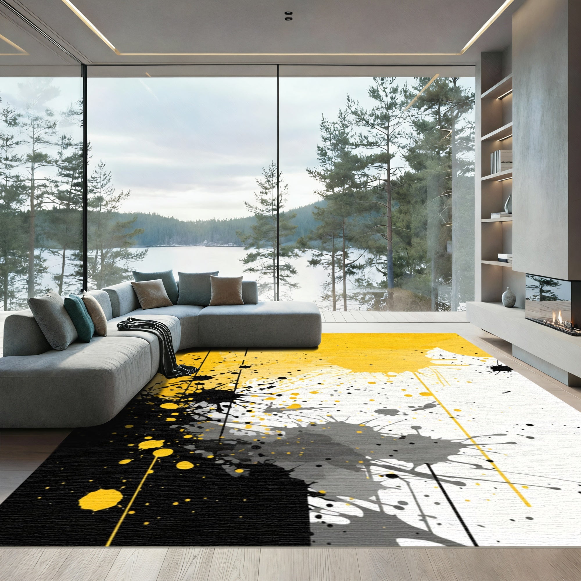 Yellow Black Splatter Abstract Paint Rug