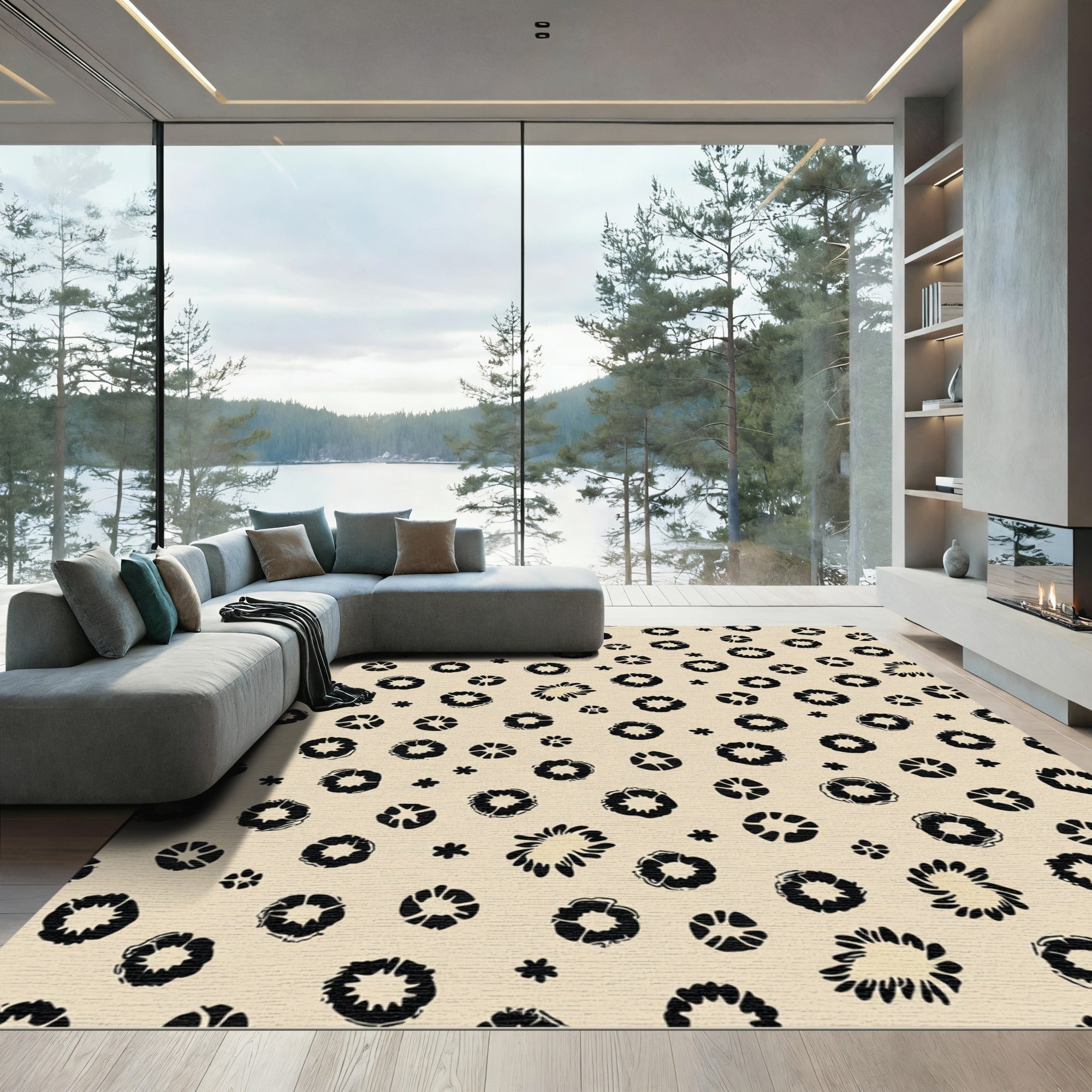 Black Floral Bloom Field Rug