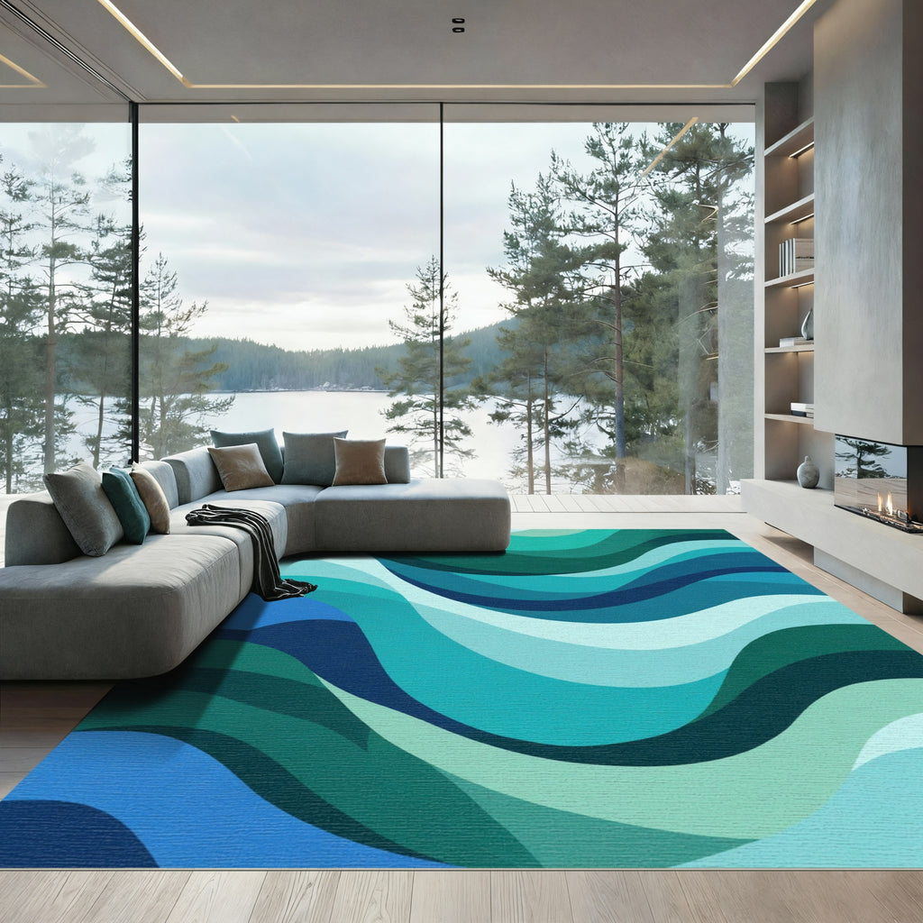 Teal And Blue Abstract Wave Rug