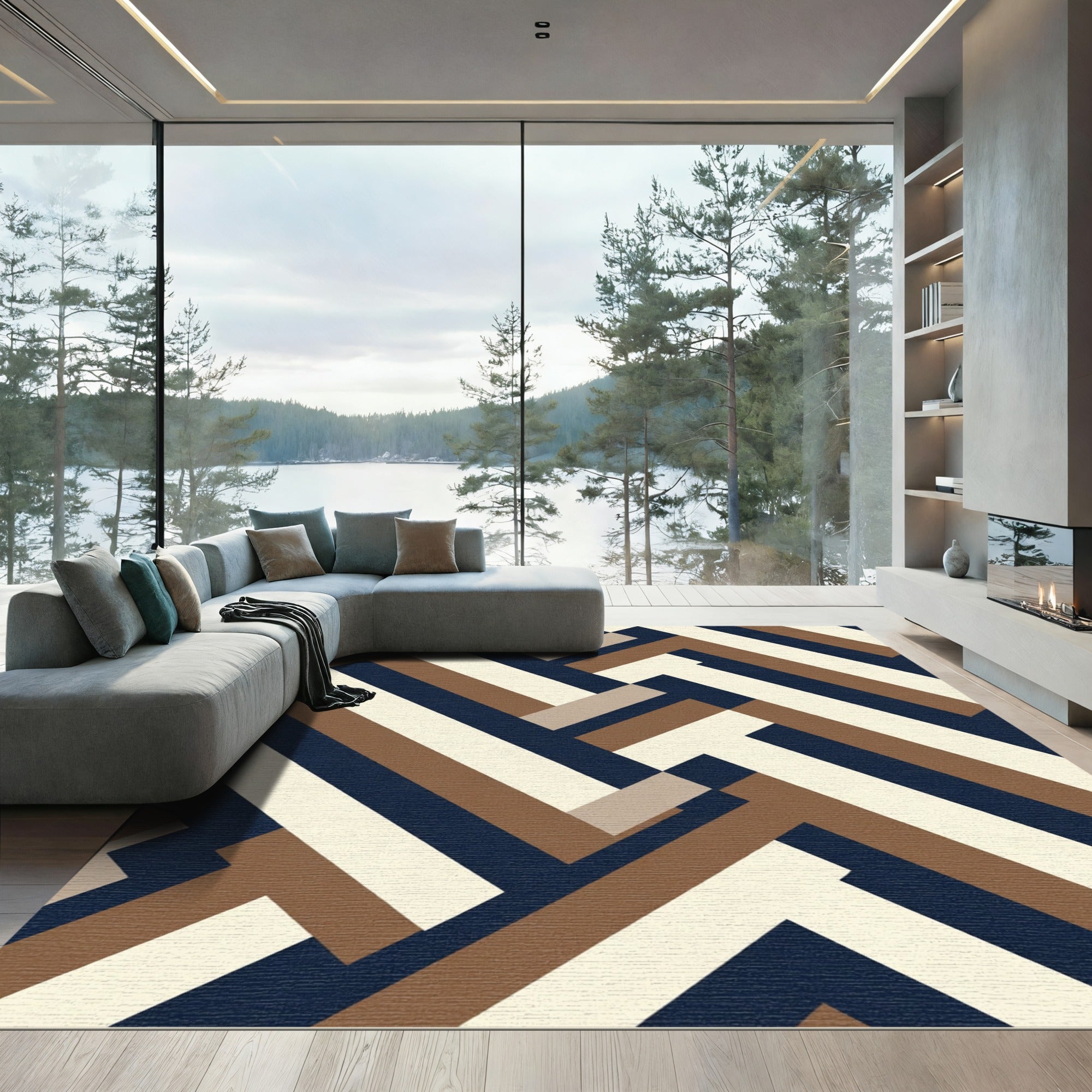 Brown Navy Cream Interlocking Geometric Rug