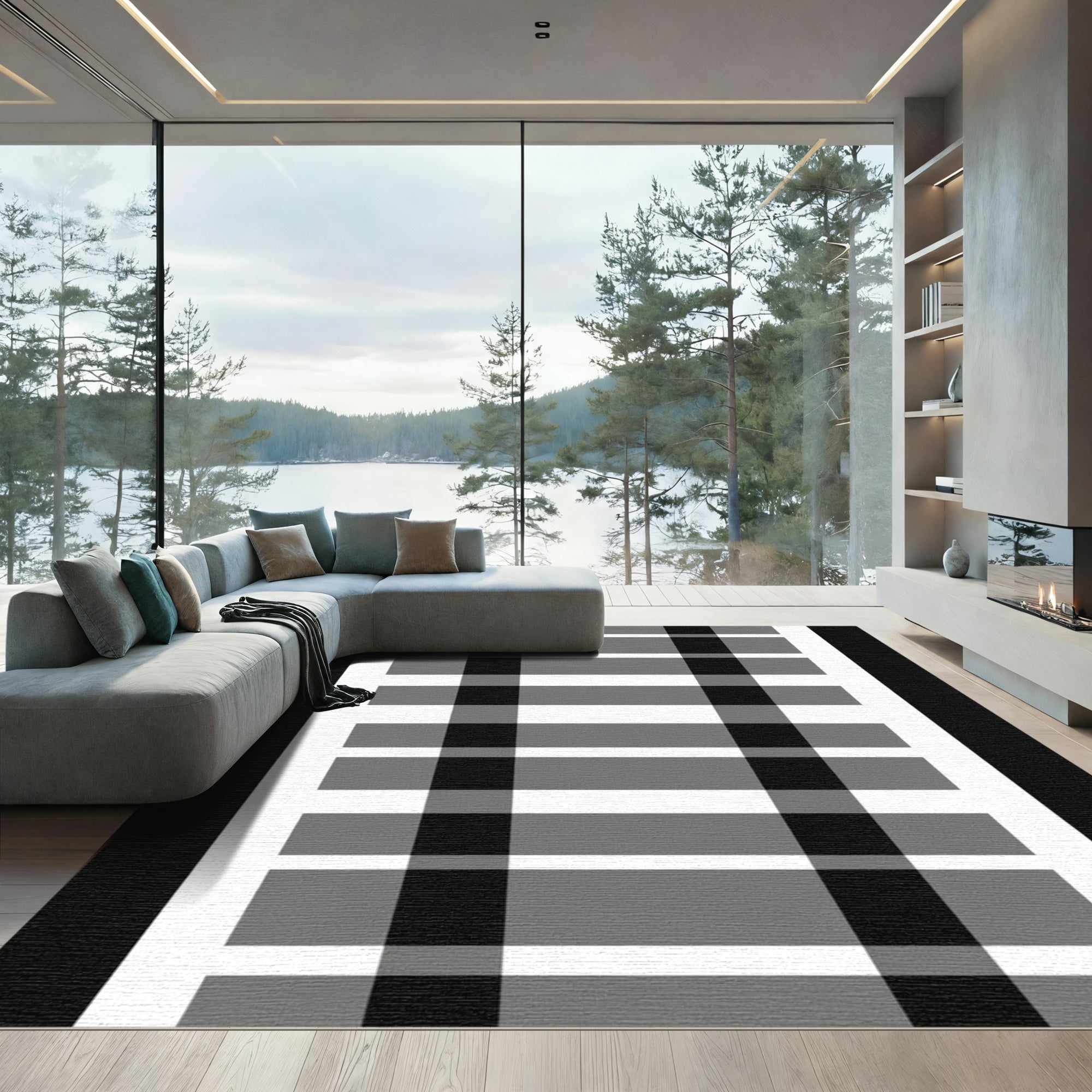 Modern Black Gray White Plaid Rug