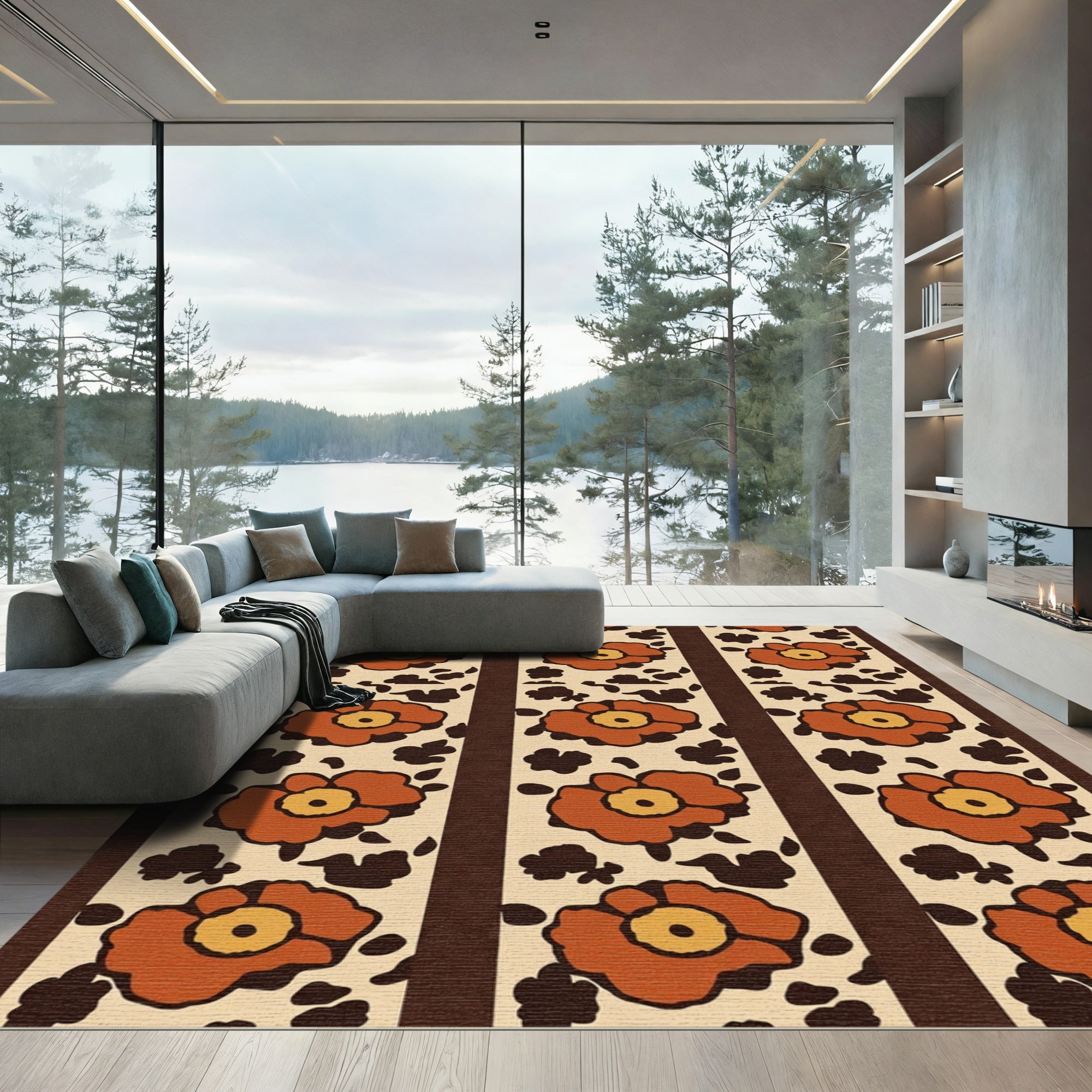 Terracotta Floral Stripe Textured Rug