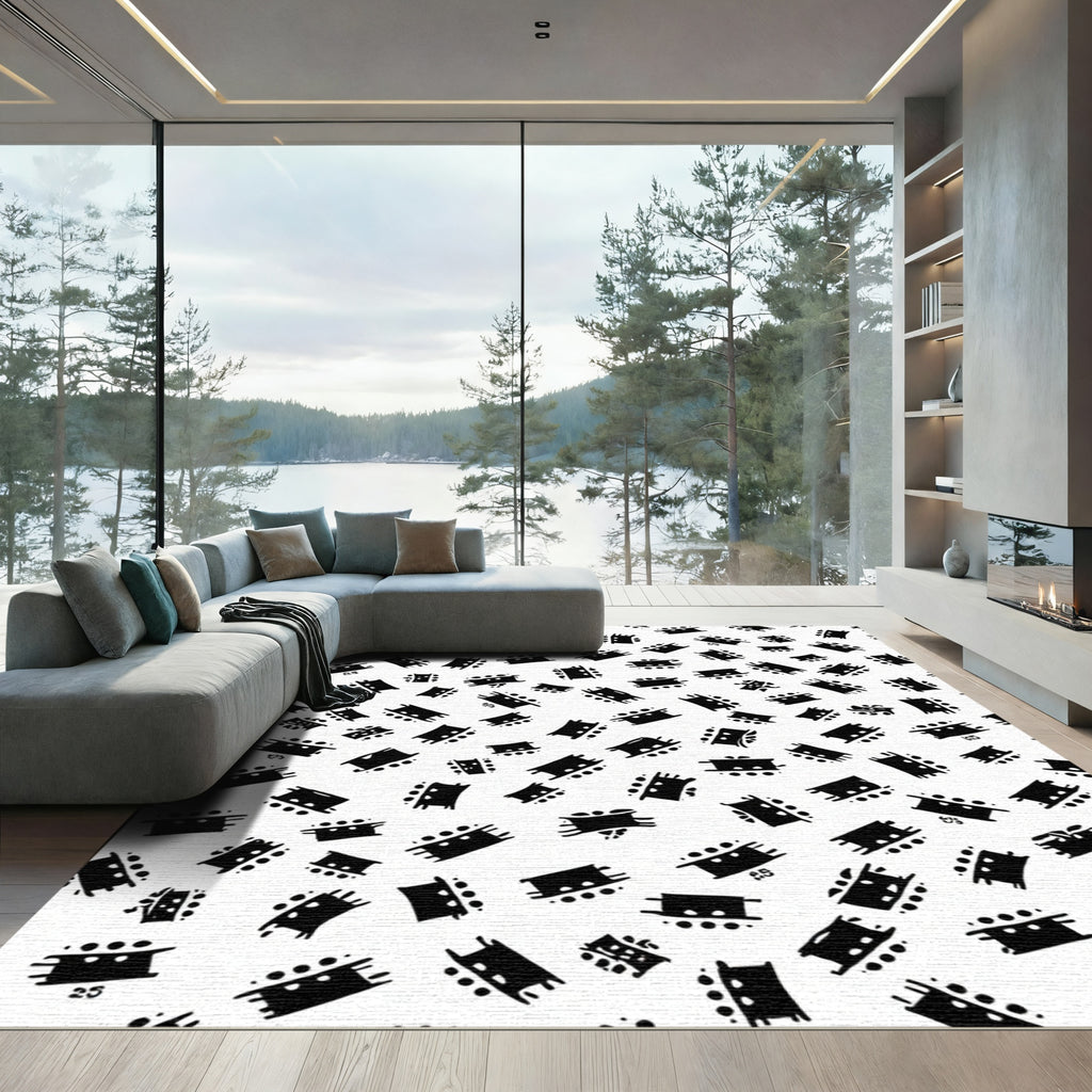 Black White Abstract Rectangular Forms Rug