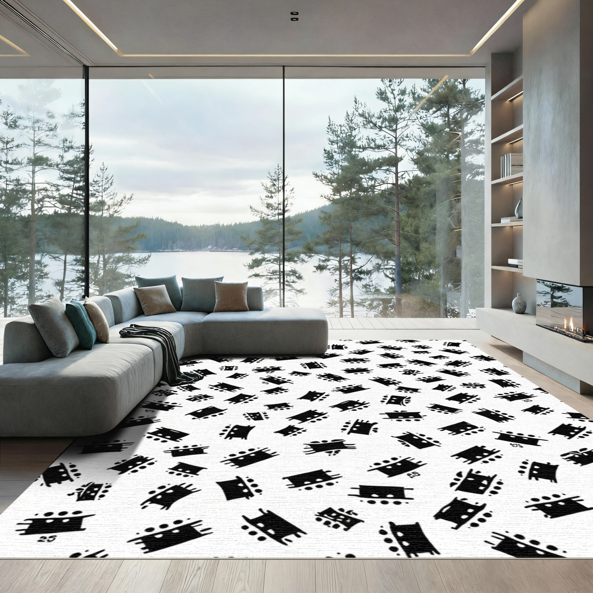 Black White Abstract Rectangular Forms Rug