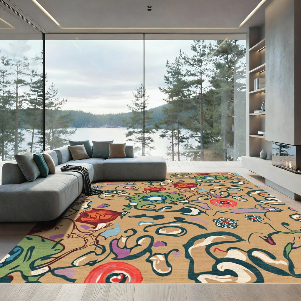 Abstract Crimson Floral Swirls Rug