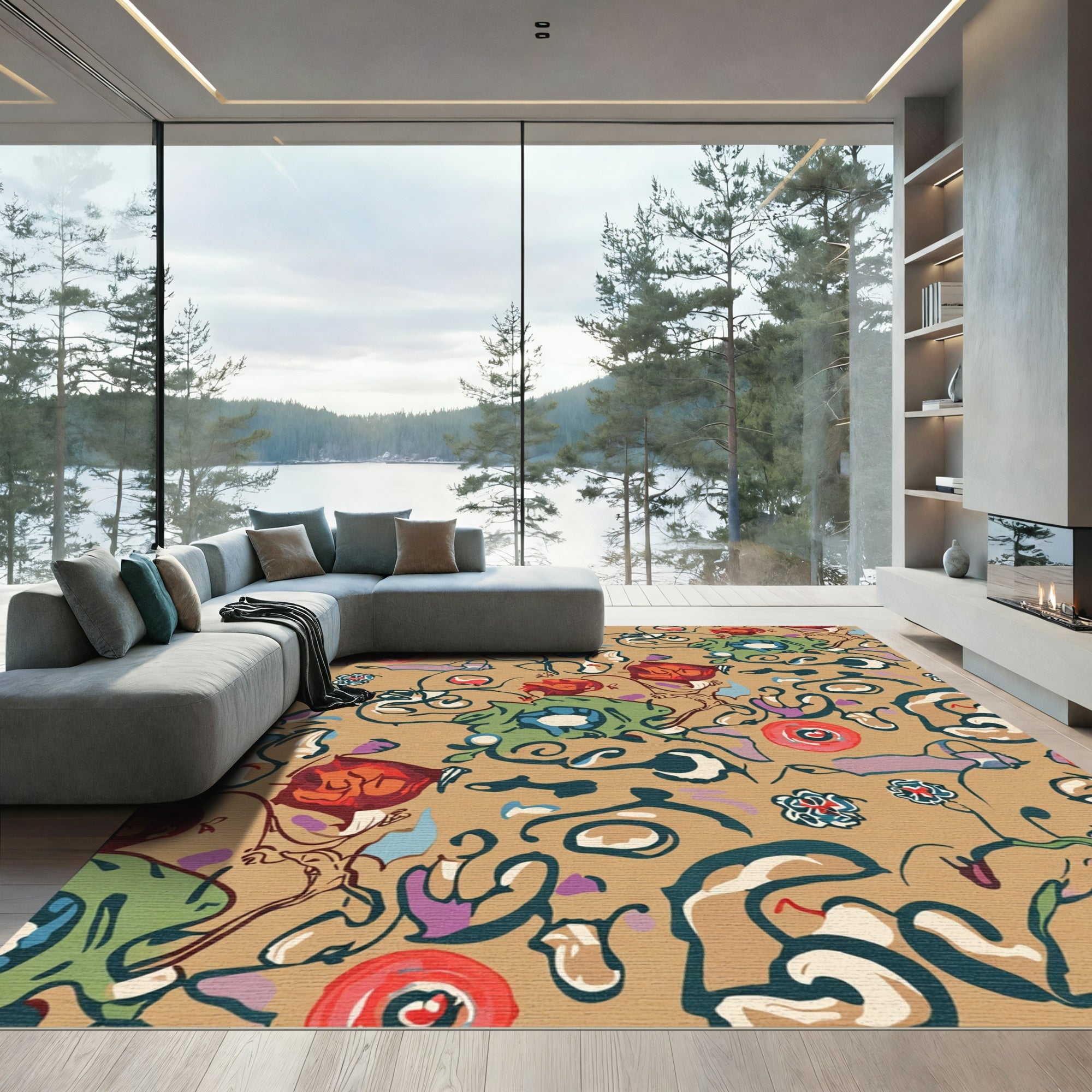 Abstract Crimson Floral Swirls Rug