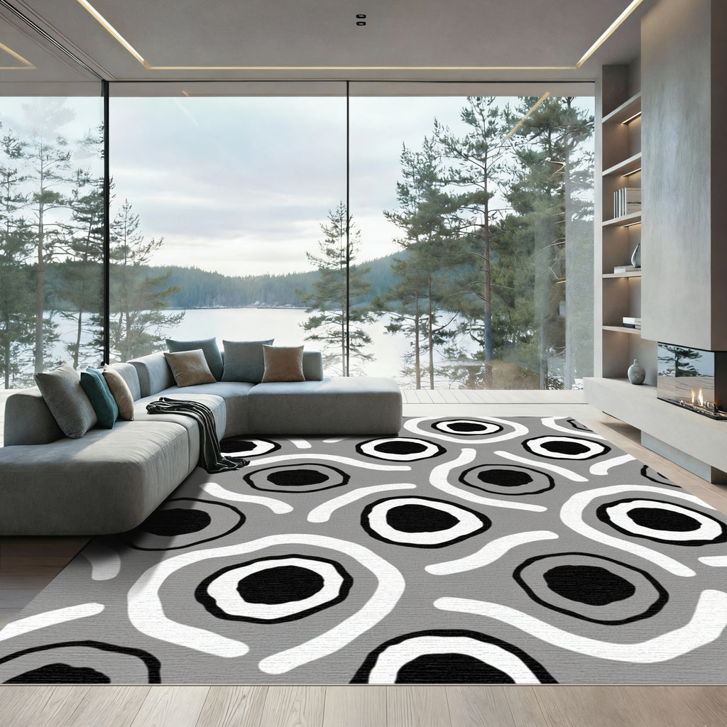 Gray Abstract Circles and Waves Rug