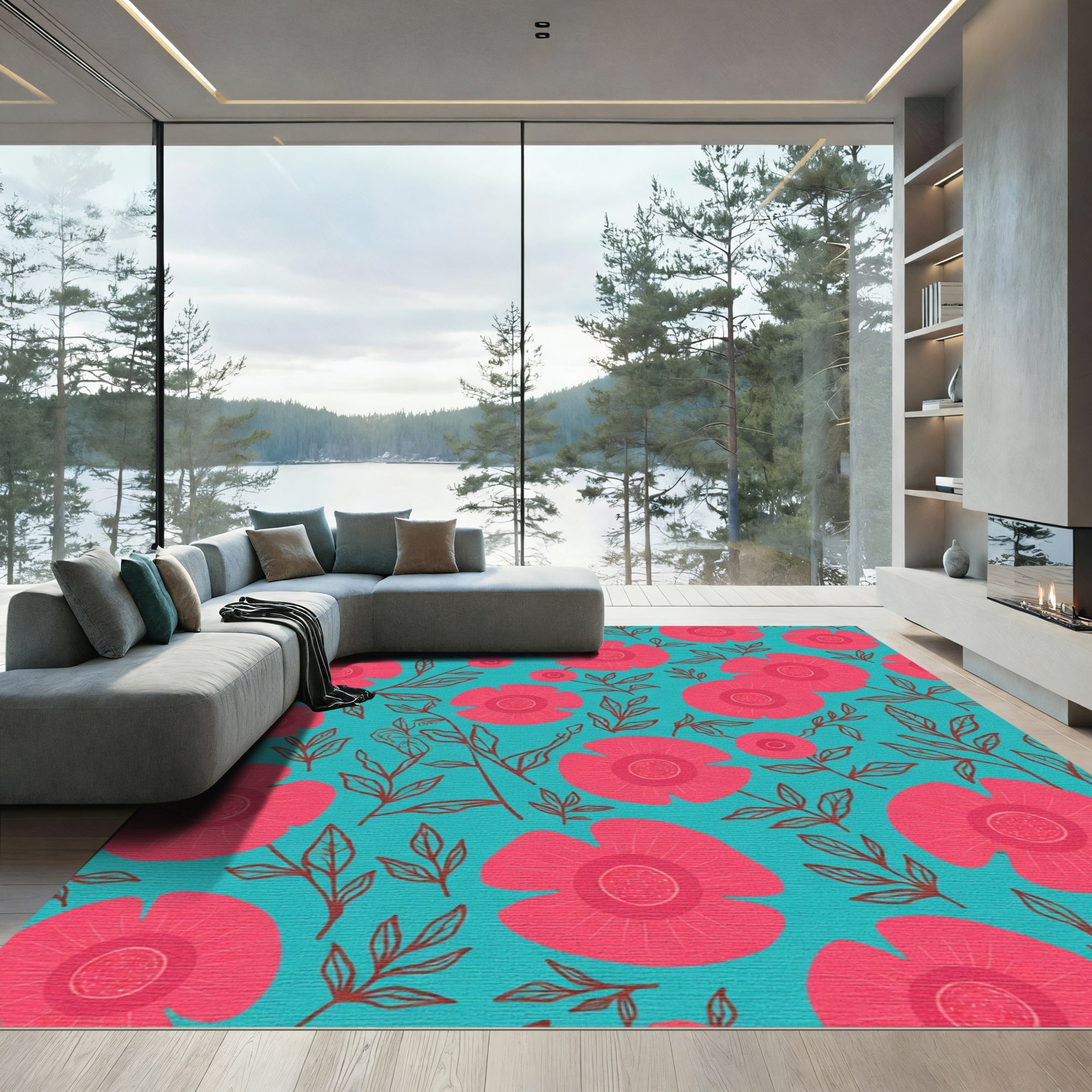 Retro Coral Floral Branch Scatter Rug