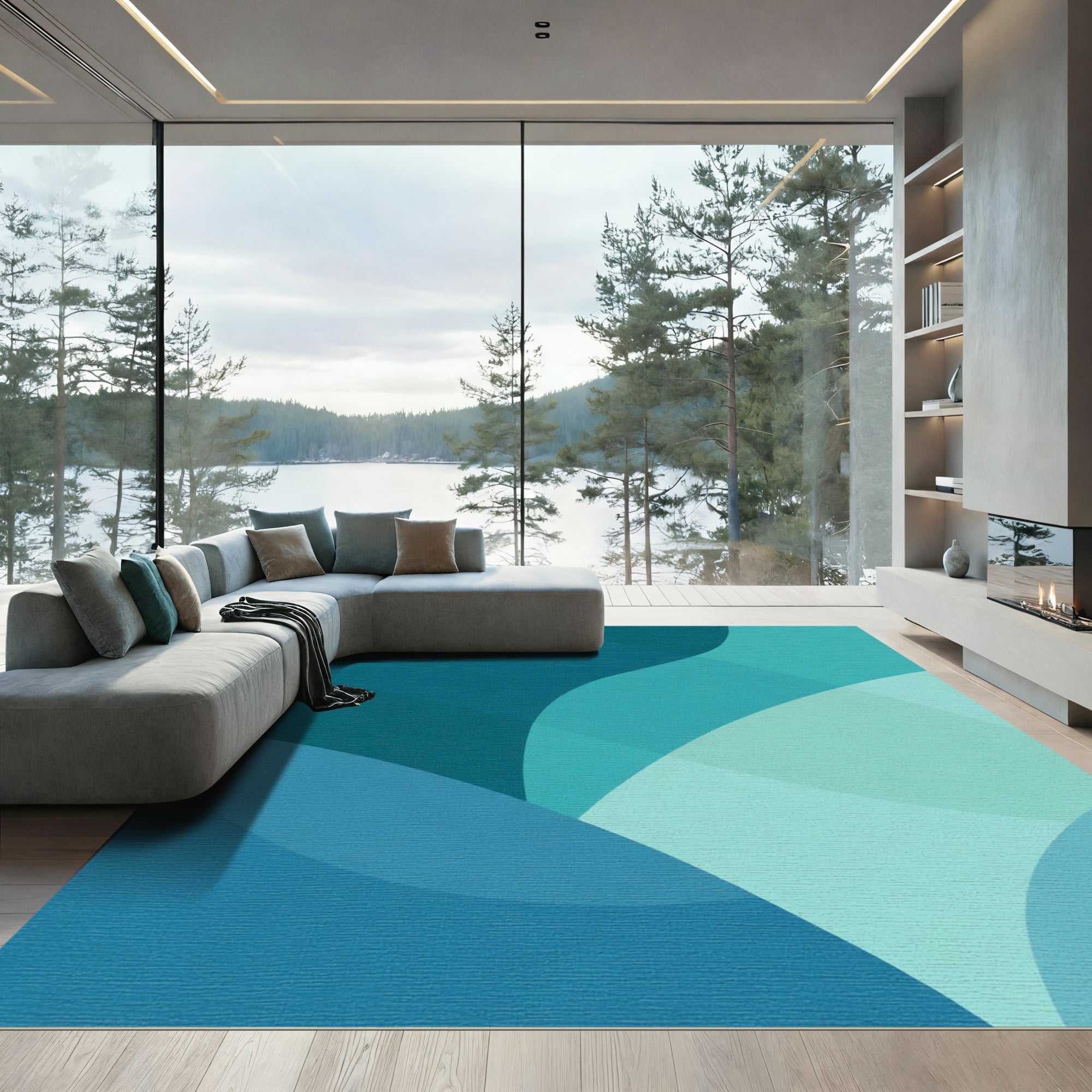 Teal Blue Wavy Abstract Shapes Rug
