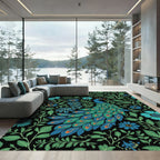 Peacock Emerald Black Floral Garden Rug