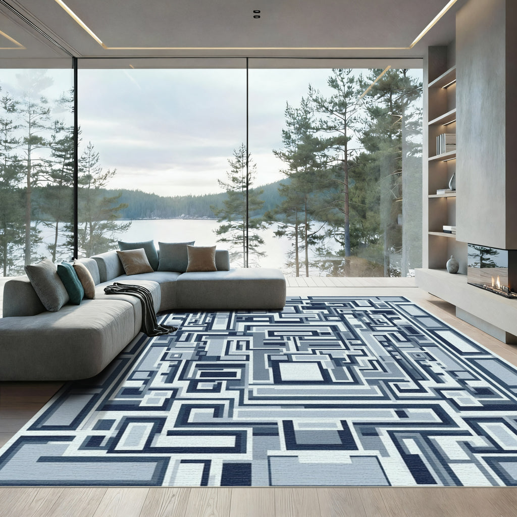 Cool Blue Geometric Maze Rug