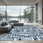 Cool Blue Geometric Maze Rug