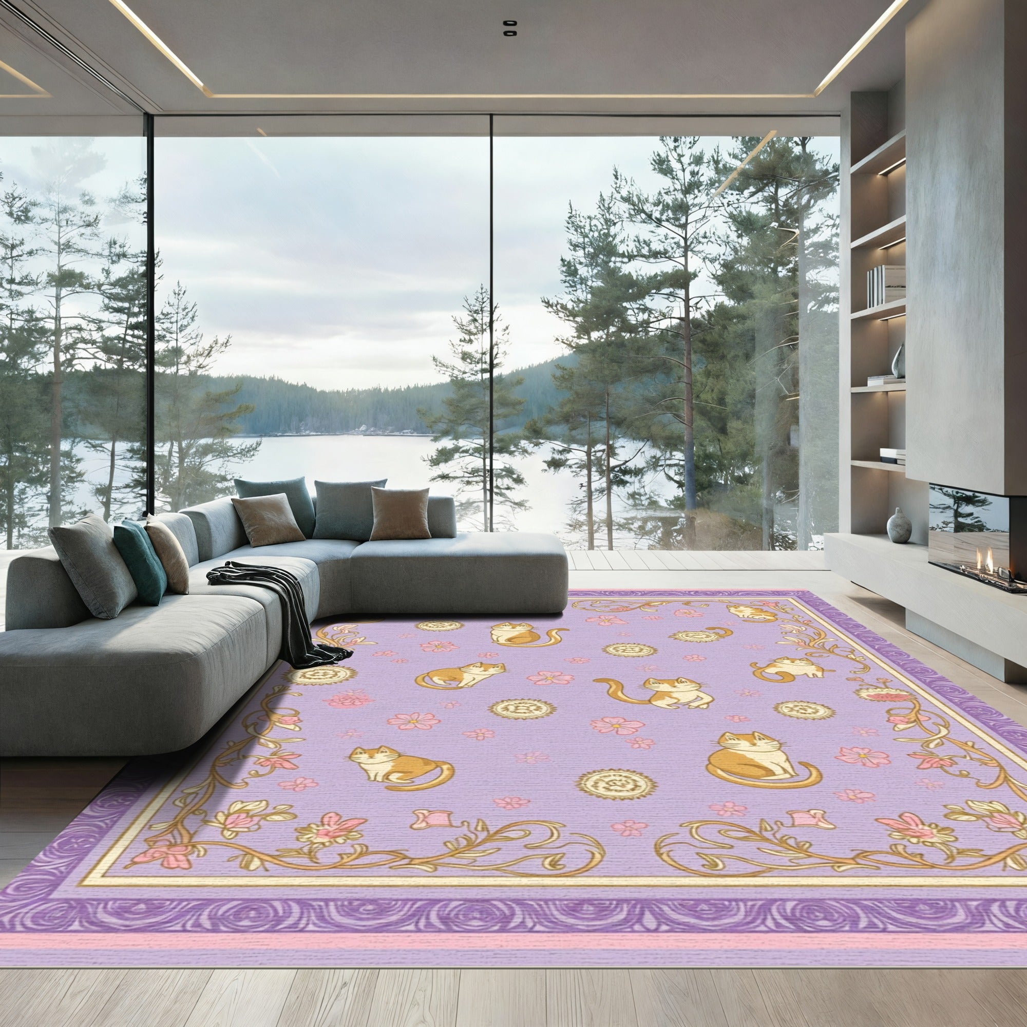Whimsical Cats Floral Lavender Border Rug