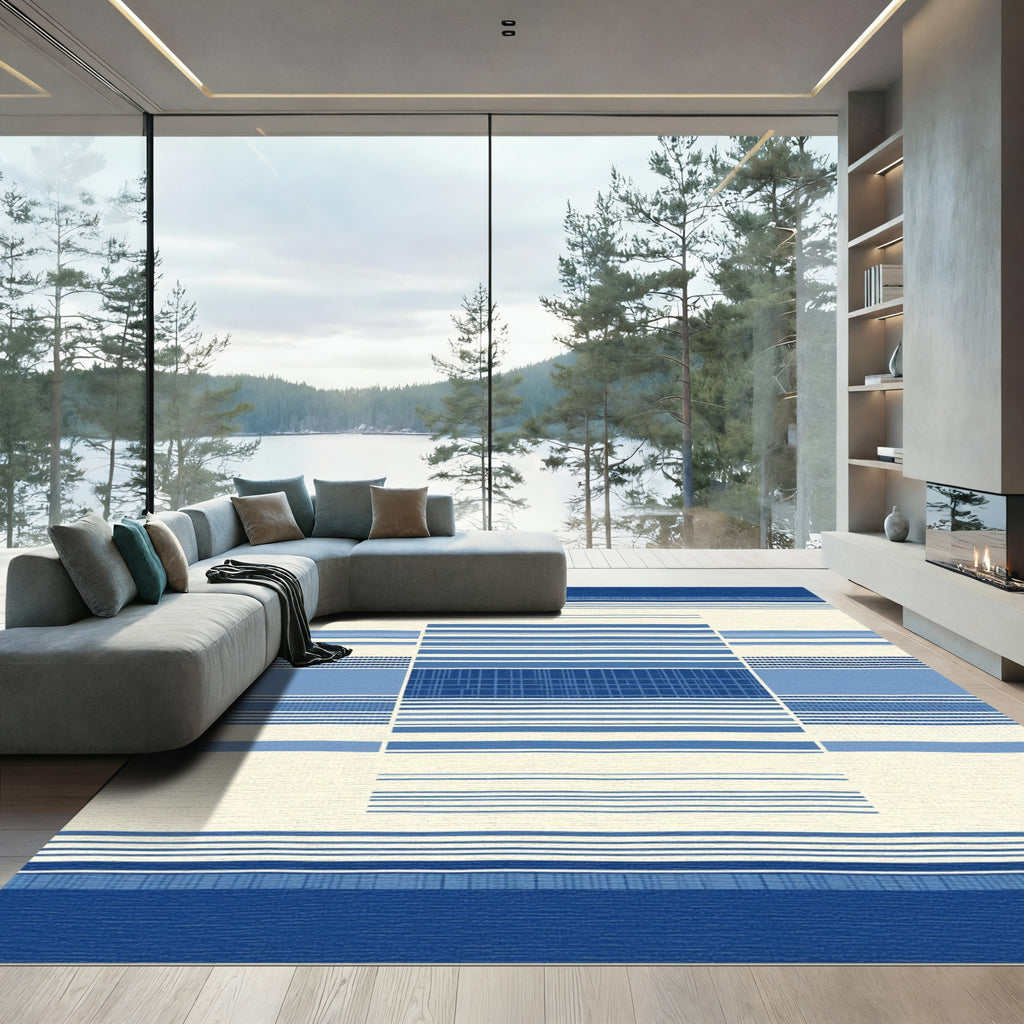 Navy White Blue Geometric Stripe Composition Rug