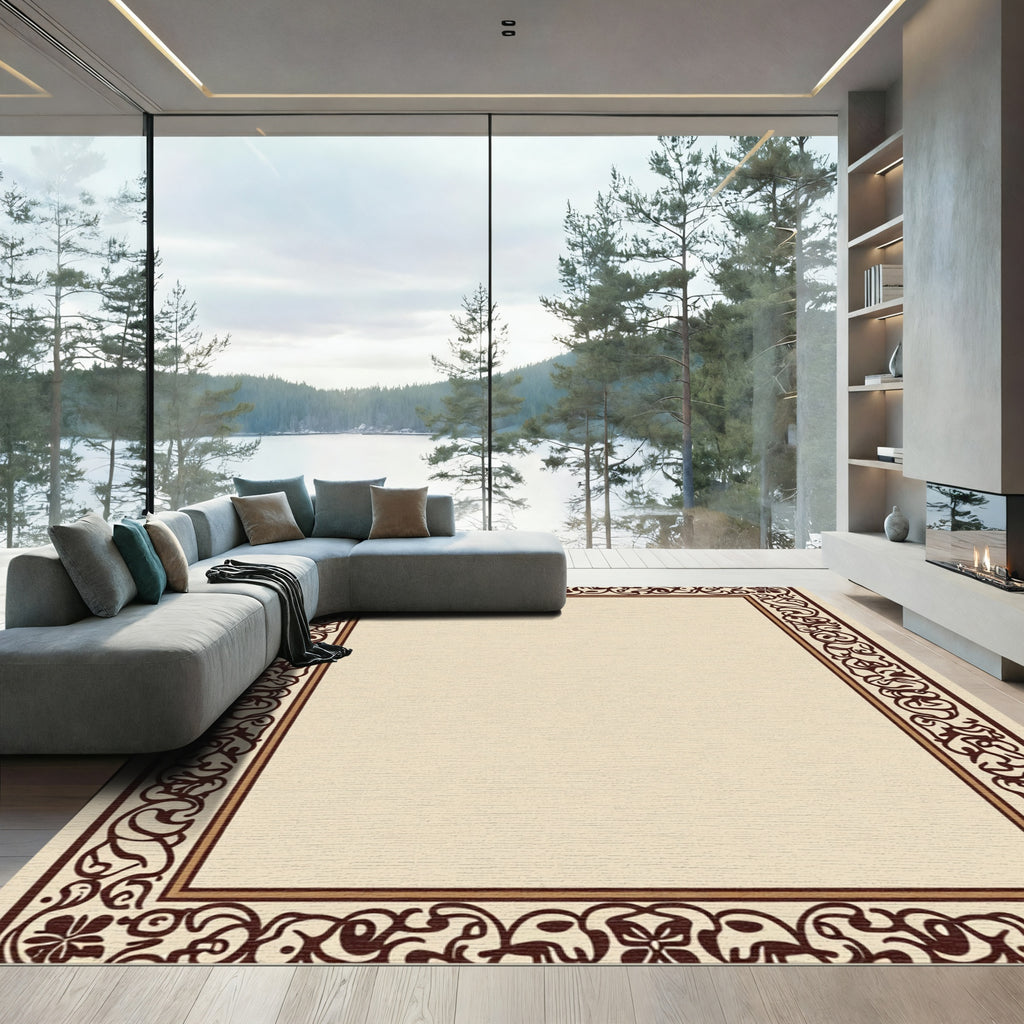 Cream Brown Scrollwork Border Rug