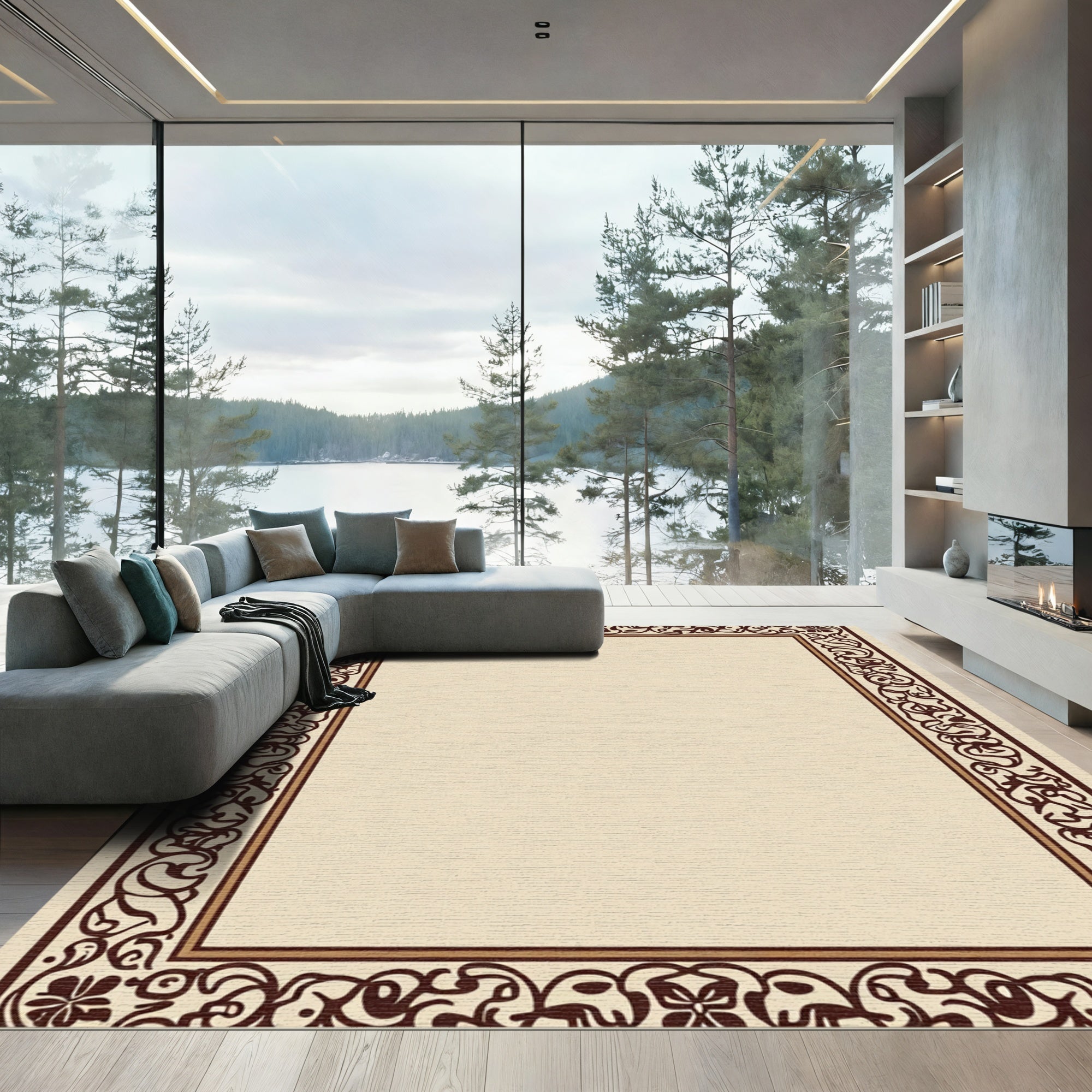 Cream Brown Scrollwork Border Rug