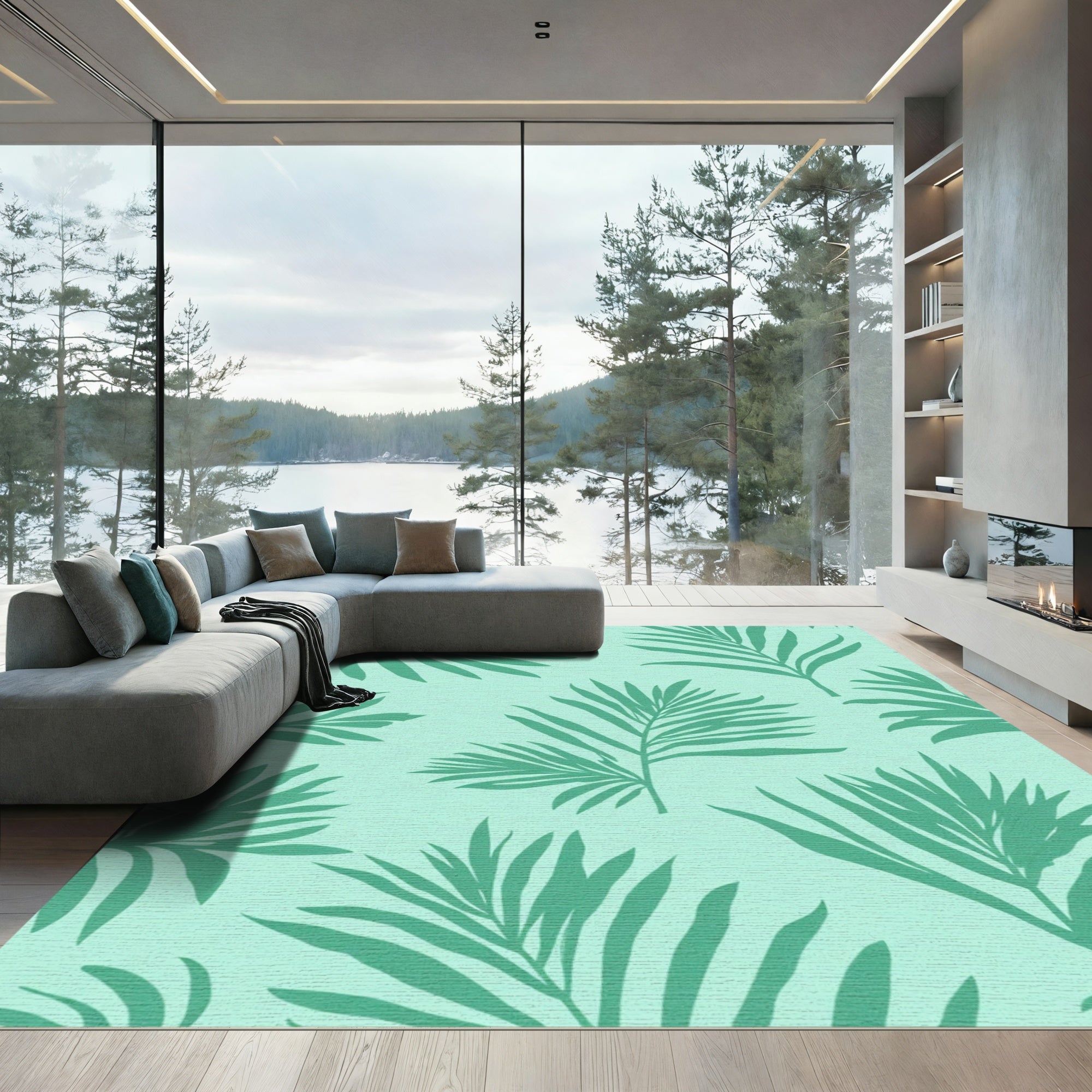 Teal Palm Frond Tropical Pattern Rug