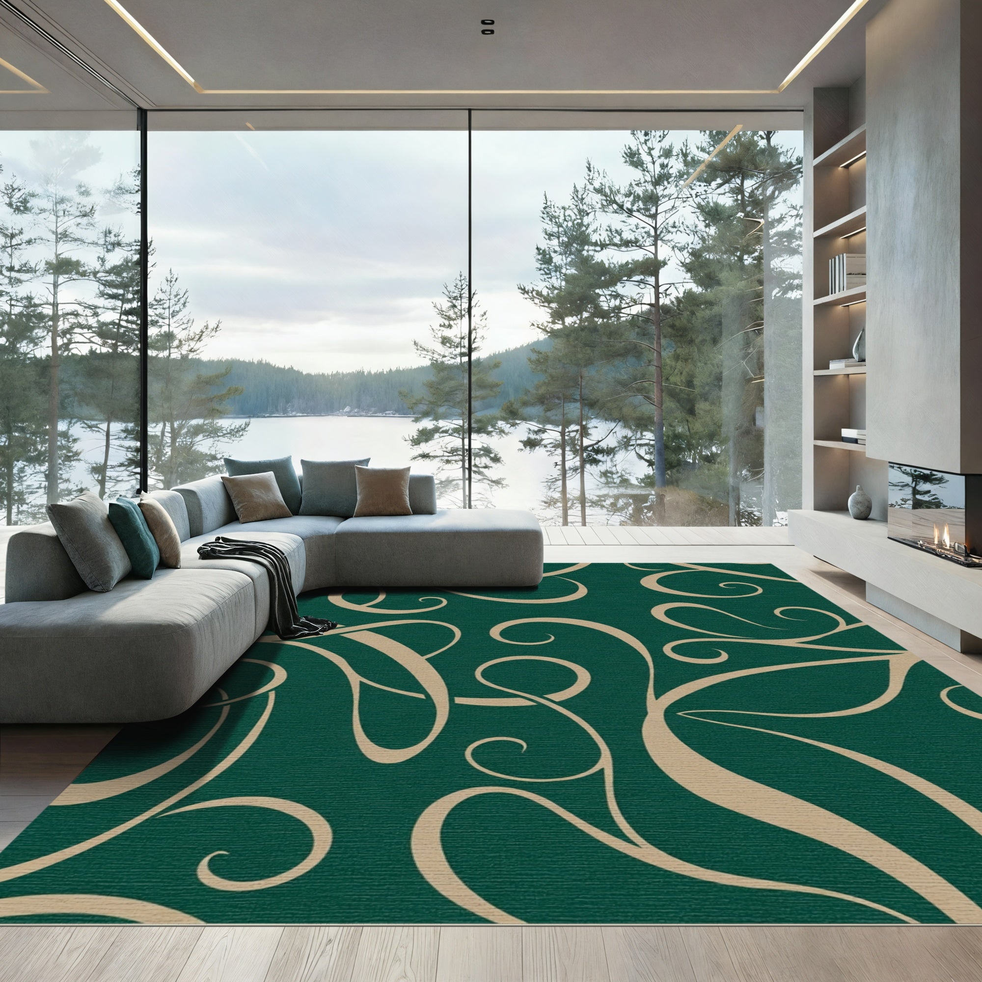 Deep Emerald Swirl Vine Abstract Rug