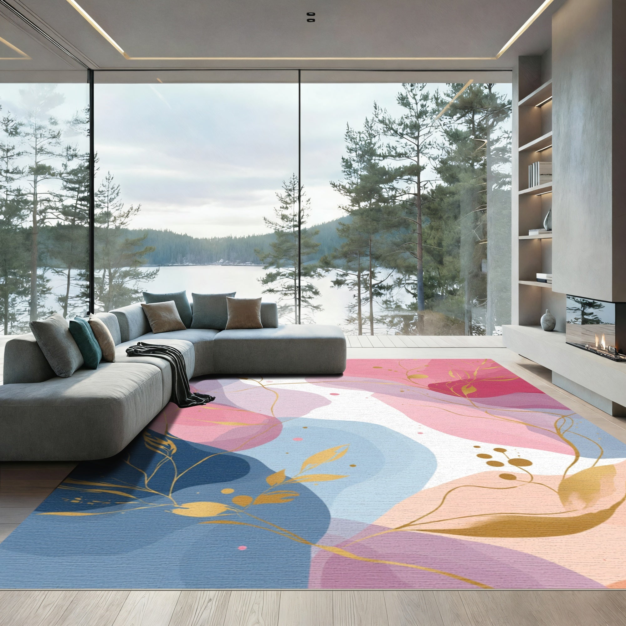 Soft Blush Blue Gold Botanical Flow Rug