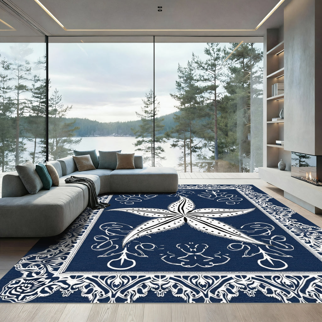 Dark Blue Starfish Lace Border Rug
