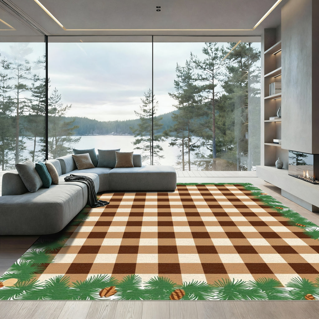 Brown Tan Plaid Gingham Pinecone Border Rug