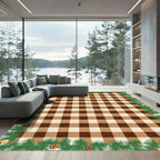 Brown Tan Plaid Gingham Pinecone Border Rug