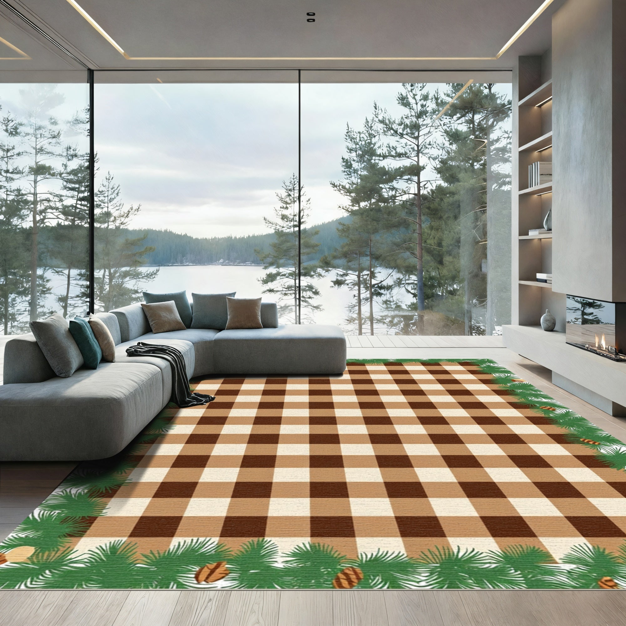 Brown Tan Plaid Gingham Pinecone Border Rug