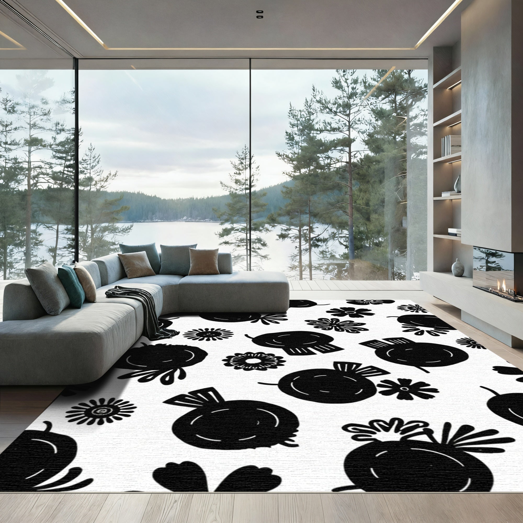 Black And White Floral And Fruit Garden Rug