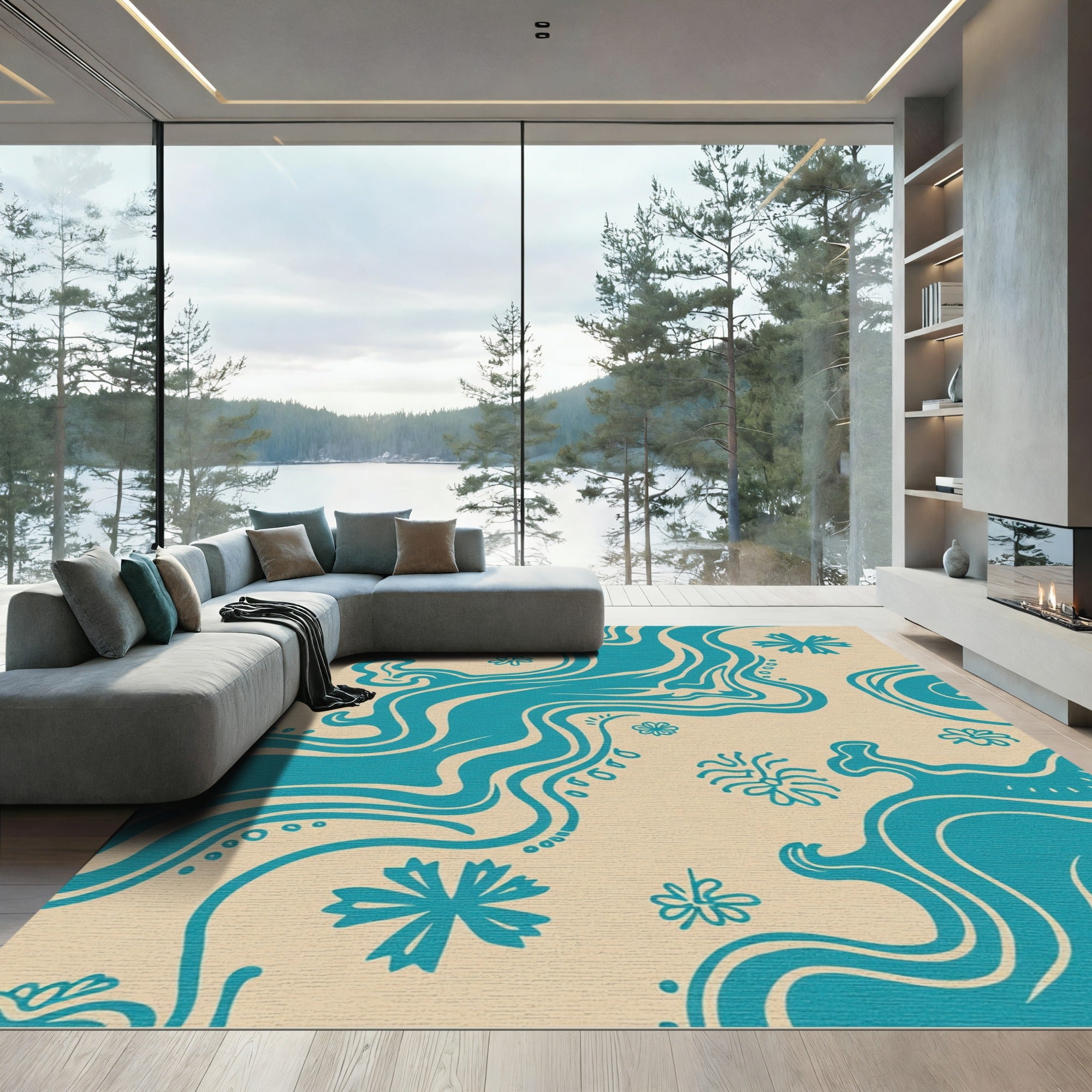 Teal Wavy Floral Organic Rug