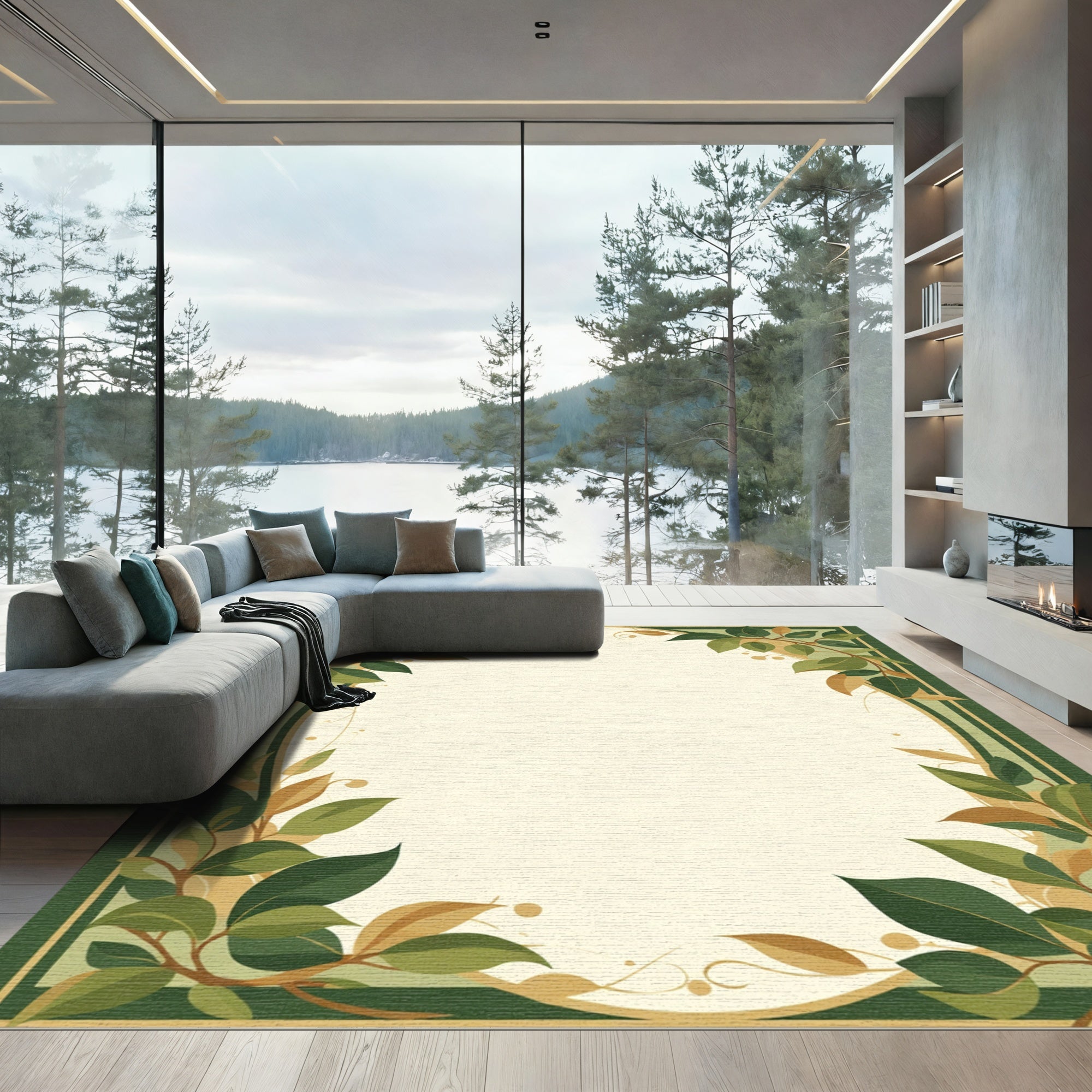 Green and Gold Leafy Frame Rug
