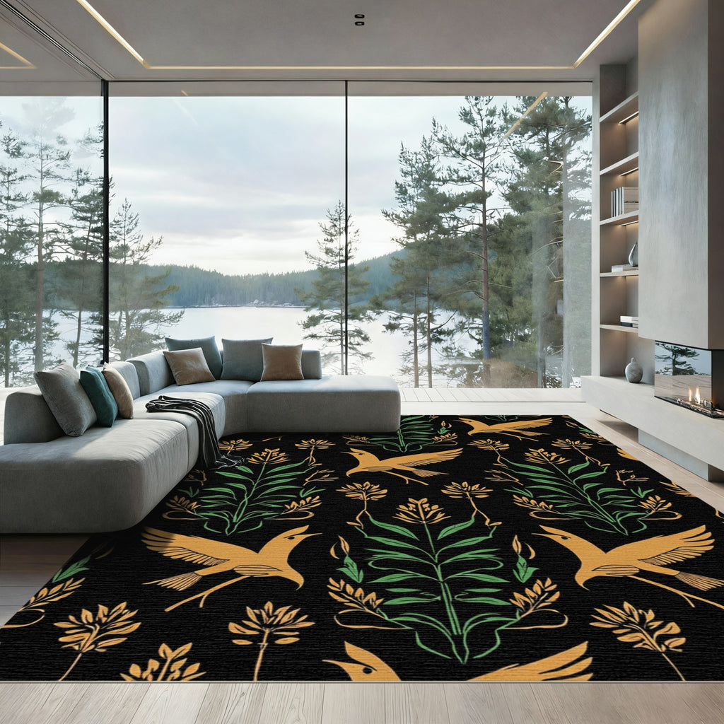 Golden Birds Green Foliage Black Rug
